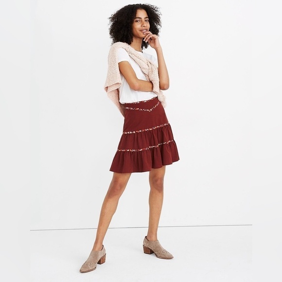 Madewell | Tiered Mini Skirt: Floral Binding Edition Burgundy Size 8 90s A-line - Picture 1 of 5